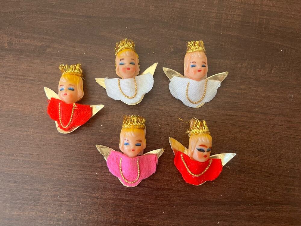 VTG Lot 5 Angel Christmas Ornaments Pipe Cleaner Tops Only Heads Metallic